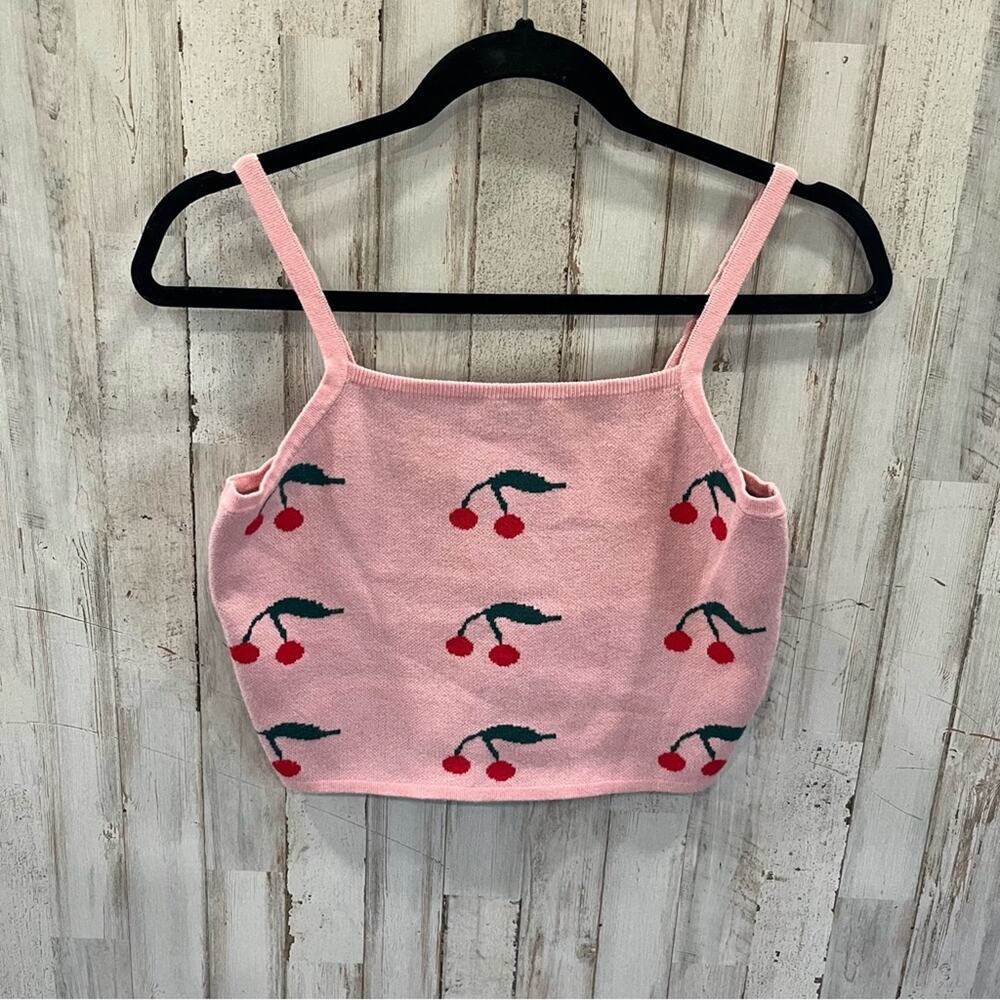 Shein Pink Knit Cherry Fruit Print Cropped Tank Top